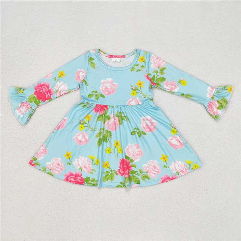 Baby Girls Blue Pink Flowers Long Sleeve Dresses 241126