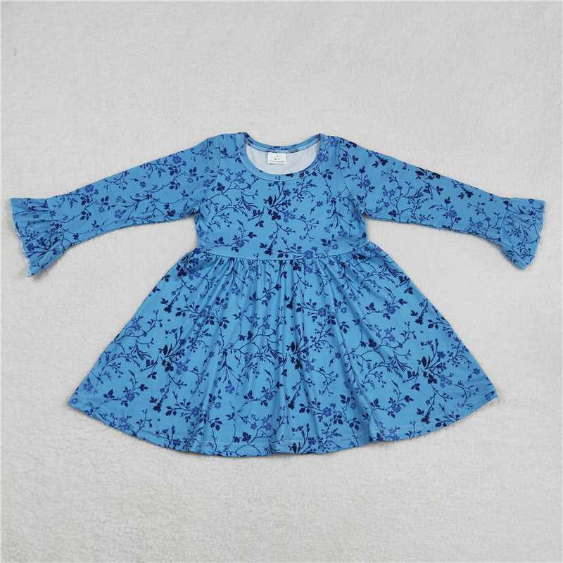 Baby Girls Blue Leaves Long Sleeve Dresses 241126