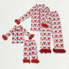 Load image into Gallery viewer, Mama and Me Red Bows Santa Button Top Pants Christmas Fur Pajamas Sets

