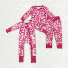 Load image into Gallery viewer, Sibling Baby Girls Hot Pink Bows Plaid Pajams Sets Zipper Footie Rompers
