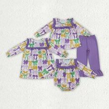 Load image into Gallery viewer, Sibling Baby Girls Mardigras Bows Ruffle Pants Clothes Set Knee Length Dress Rompers
