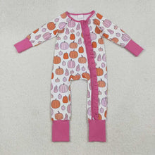 Load image into Gallery viewer, Sibling Baby Girls Pink Pumpkins Fall Pajamas Sets Ruffle Zipper Footie Rompers
