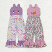 Load image into Gallery viewer, Sibling Embroidery Ghost Pumpkins Baby Girls Strap Floral Fall Halloween Ruffle Jumpsuits
