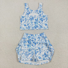 Load image into Gallery viewer, Baby Girls Blue Flowers Print Vest Top Shorts Skirts Yoga Activity Set
