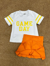 Load image into Gallery viewer, Baby Girls Vinyl Yellow Game Day Top Orange Pleated Skorts Yoga Active Team Set
