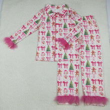 Load image into Gallery viewer, Sibling Adult Women Bows Santa Trees Button Top Pants Christmas Fur Pajamas Sets
