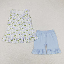 Load image into Gallery viewer, Baby Girls Blue Flowers Sleeveless Tunic Ruffle Shorts Clothes Sets
