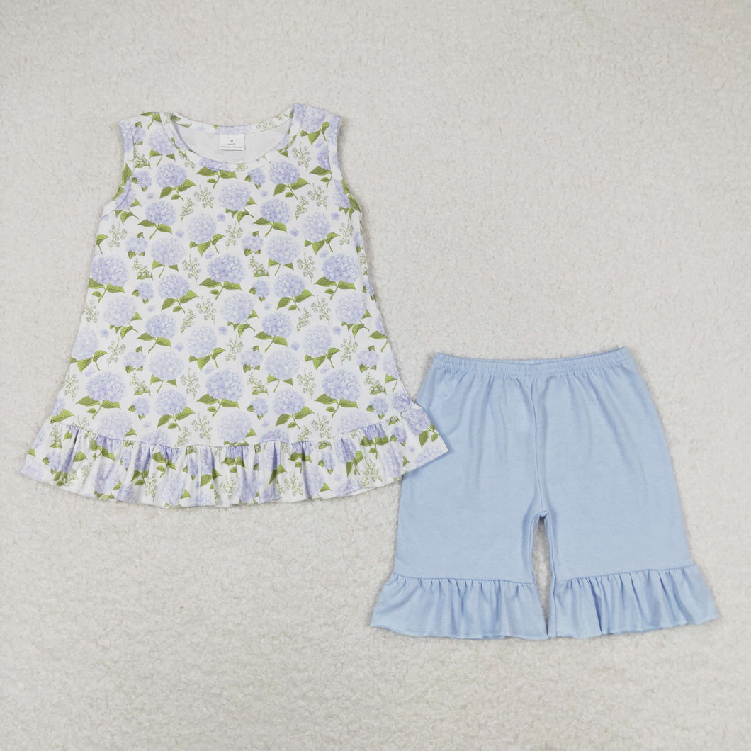 Baby Girls Blue Flowers Sleeveless Tunic Ruffle Shorts Clothes Sets