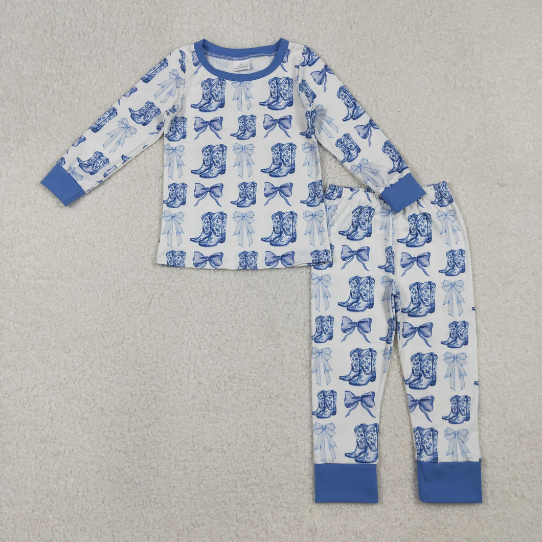 Baby Girls Bows Boots Plaid Top Pant Pajamas Set