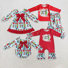 Load image into Gallery viewer, Sibling Baby Girls Lights Green Faces Bows Christmas Knee Length Dress Rompers Bell Pants Clothes Sets
