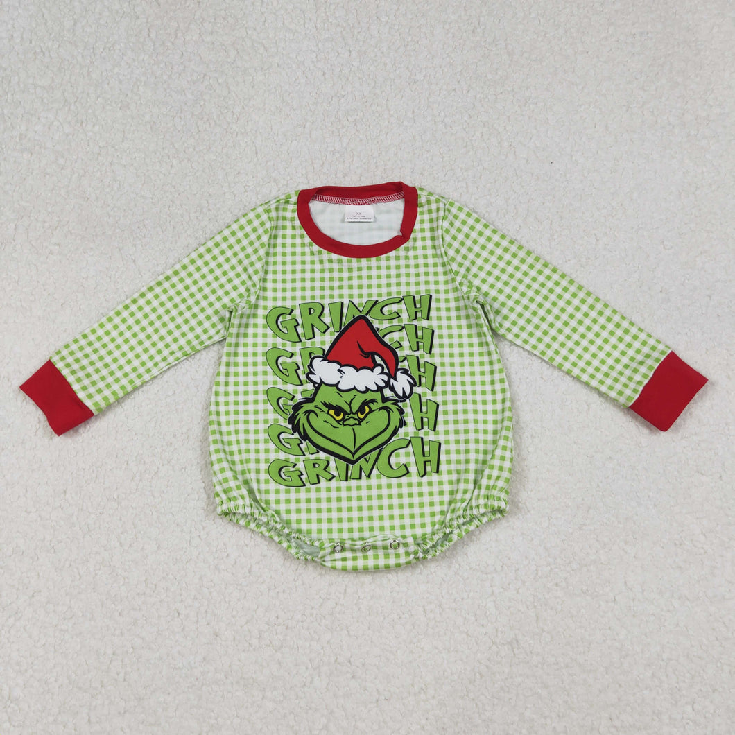 Baby Boys Green Face Christmas Checked Rompers