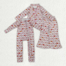 Load image into Gallery viewer, Sibling Baby Girls Bows Flowers Pie Checked Button Thanksgiving Pajamas Set Zip Footie Rompers
