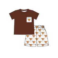 Load image into Gallery viewer, Baby boys brown top western highland pocket shorts sets
