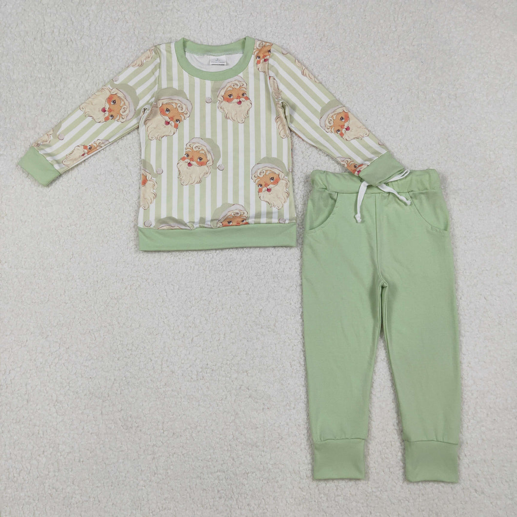 Baby Boys Green Stripe Long Sleeves Santa Top Pockets Legging Pant Christmas Clothes Set