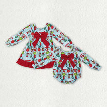 Load image into Gallery viewer, Sibling Baby Girls Green Faces Miss Lights Bows Ruffle Christmas Knee Length Dresses Rompers
