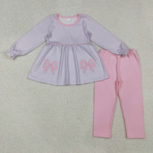 Load image into Gallery viewer, Embroidery Baby Girls Lavender Stripe Bows Tunic Legging Pant Set
