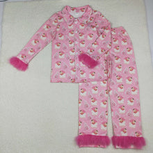 Load image into Gallery viewer, Adult Women Pink Santa Trees Button Top Pants Christmas Fur Pajamas Set
