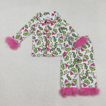 Load image into Gallery viewer, Mama and Me Christmas Fur Green Face Buttons Top Pants Pajamas Sets
