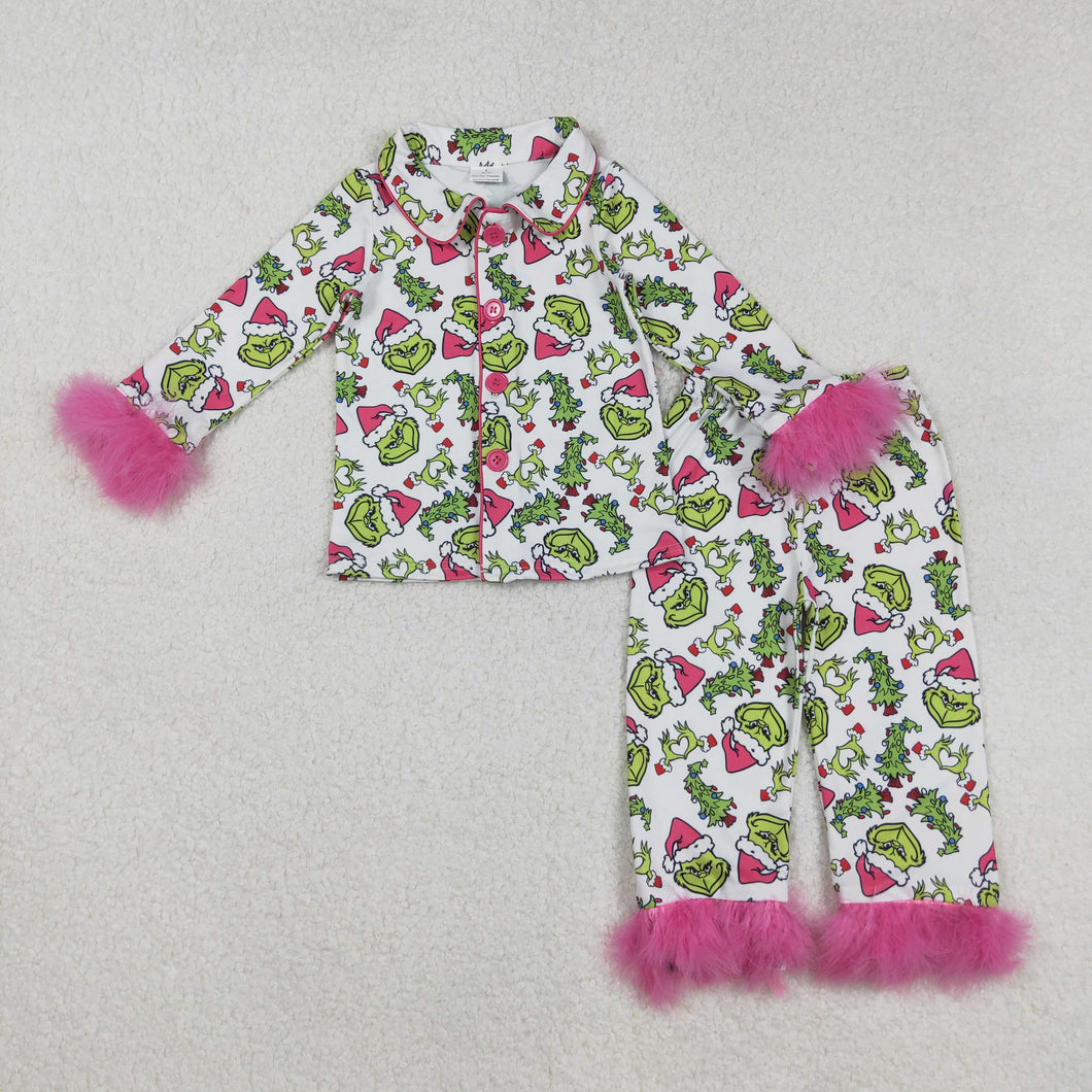 Mama and Me Christmas Fur Green Face Buttons Top Pants Pajamas Sets
