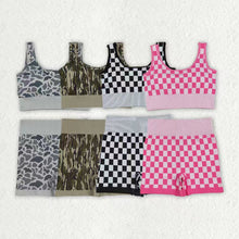 Load image into Gallery viewer, Sibling Adult Women Checkered Camo Crop Bra Top Shorts Yoga Outfits Sets

