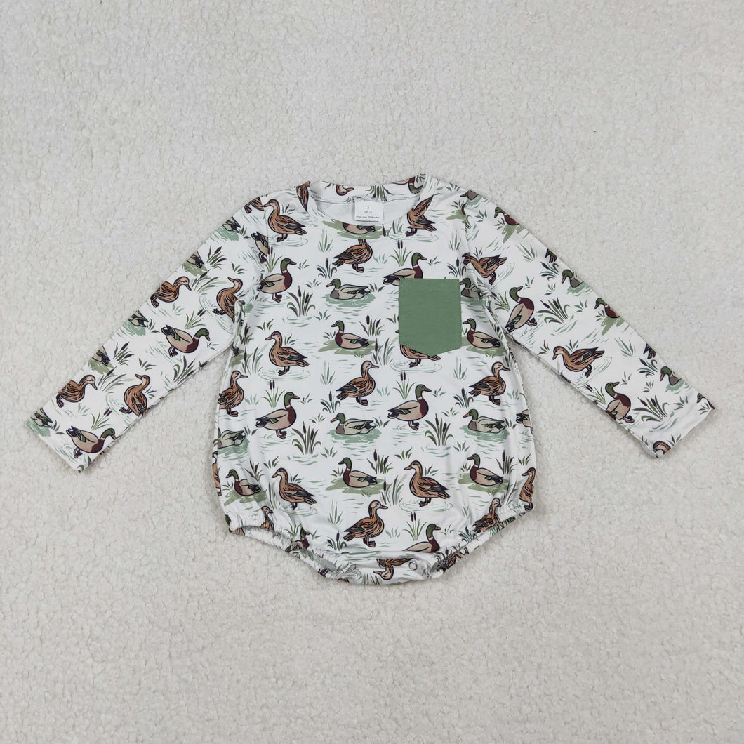 Baby Boys Long Sleeve Green Ducks Pocket Southern Rompers