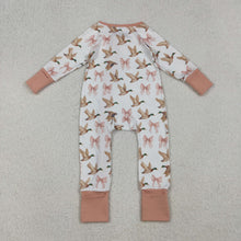 Load image into Gallery viewer, Baby Girls Ducks Bows Plaid Ruffle Zipper Footie Rompers
