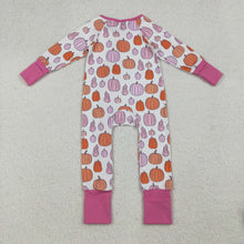 Load image into Gallery viewer, Sibling Baby Girls Pink Pumpkins Fall Pajamas Sets Ruffle Zipper Footie Rompers
