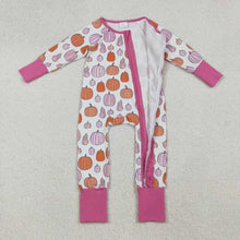 Load image into Gallery viewer, Sibling Baby Girls Pink Pumpkins Fall Pajamas Sets Ruffle Zipper Footie Rompers
