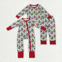 Load image into Gallery viewer, Sibling Baby Boys Green Faces Lights Christmas Pajamas Sets Zipper Footie Rompers

