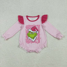 Load image into Gallery viewer, Baby Girls Pink Checked Green Face Christmas Ruffle Sleeve Rompers
