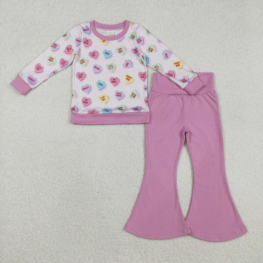 Baby Girls Pink Stripe Colorful Hearts Top Bell Bottom Pants Valentines Clothes Sets