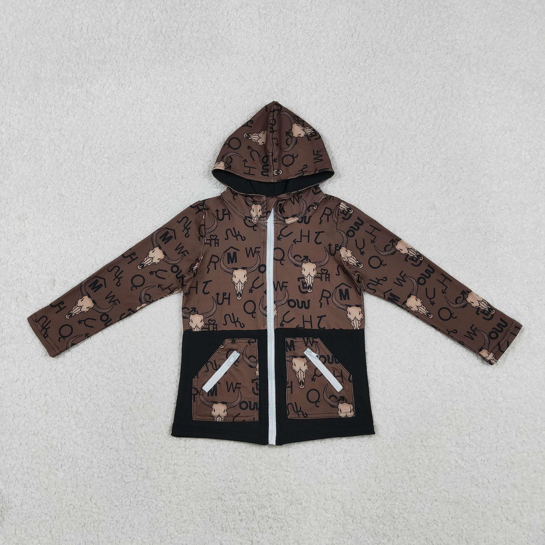 Baby Boys Brown Bull Skulls Pocket Zipper Western Hoodies Jackets Top