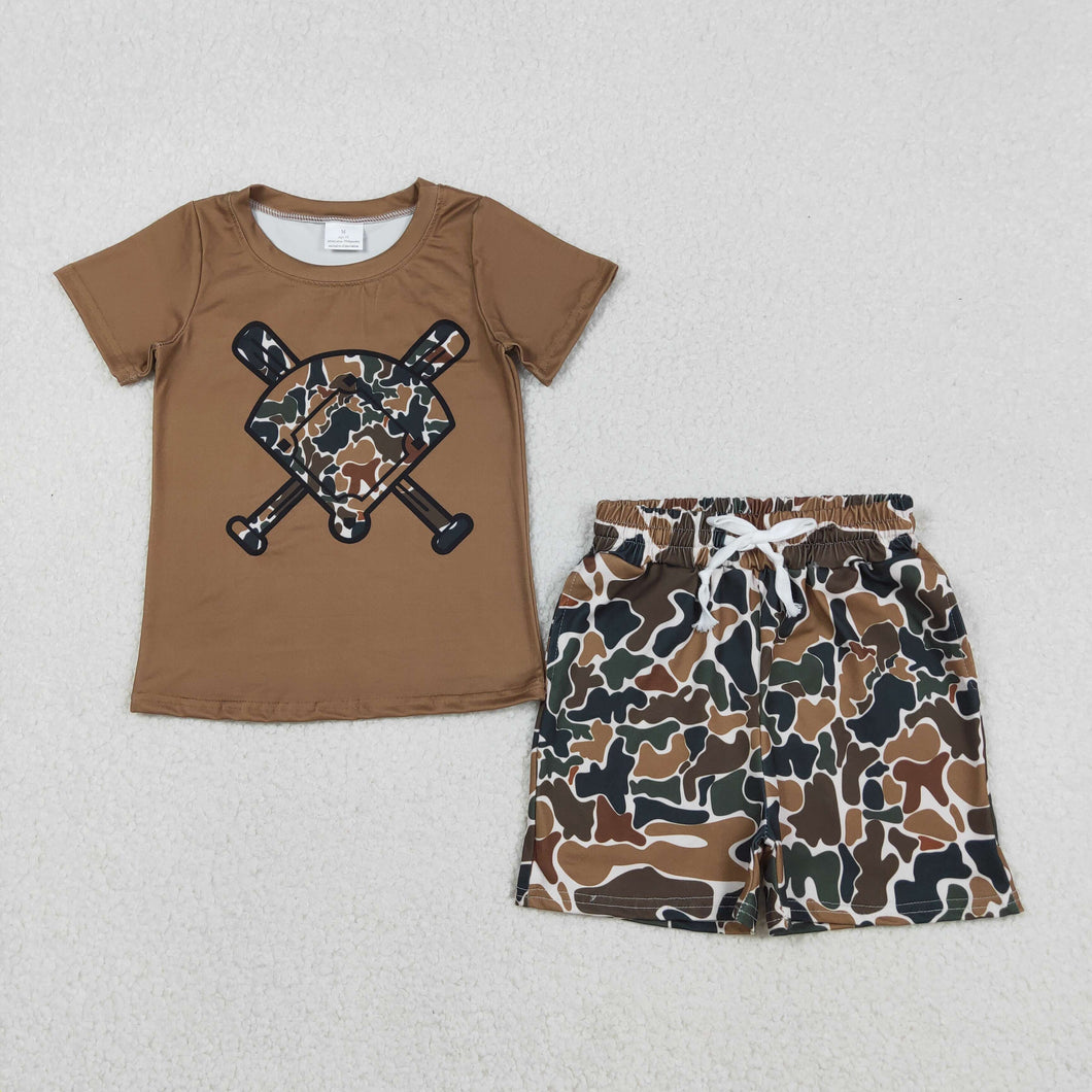 Baby Girls Dark Brown Camo Baseballs Top Pockets Shorts Team Clothes Sets