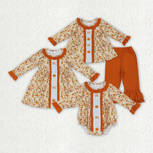 Load image into Gallery viewer, Sibling Embroidery Baby Girls Fall Bows Pumpkins Tunic Pants Set Knee Length Dress Rompers
