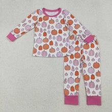 Load image into Gallery viewer, Sibling Baby Girls Pink Pumpkins Fall Pajamas Sets Ruffle Zipper Footie Rompers
