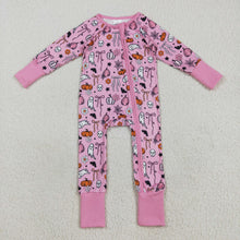 Load image into Gallery viewer, Baby Girls Pink Ghost Pumpkins Halloween Zipper Footie Rompers
