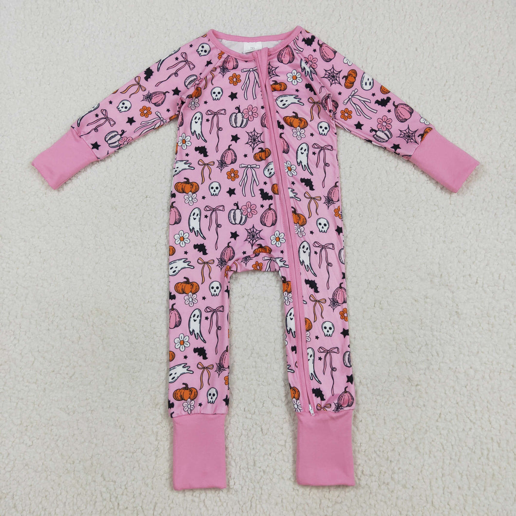 Baby Girls Pink Ghost Pumpkins Halloween Zipper Footie Rompers