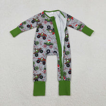 Load image into Gallery viewer, Baby Boys Trucks Candy Cane Christmas Two Way Zip Convertible Rompers
