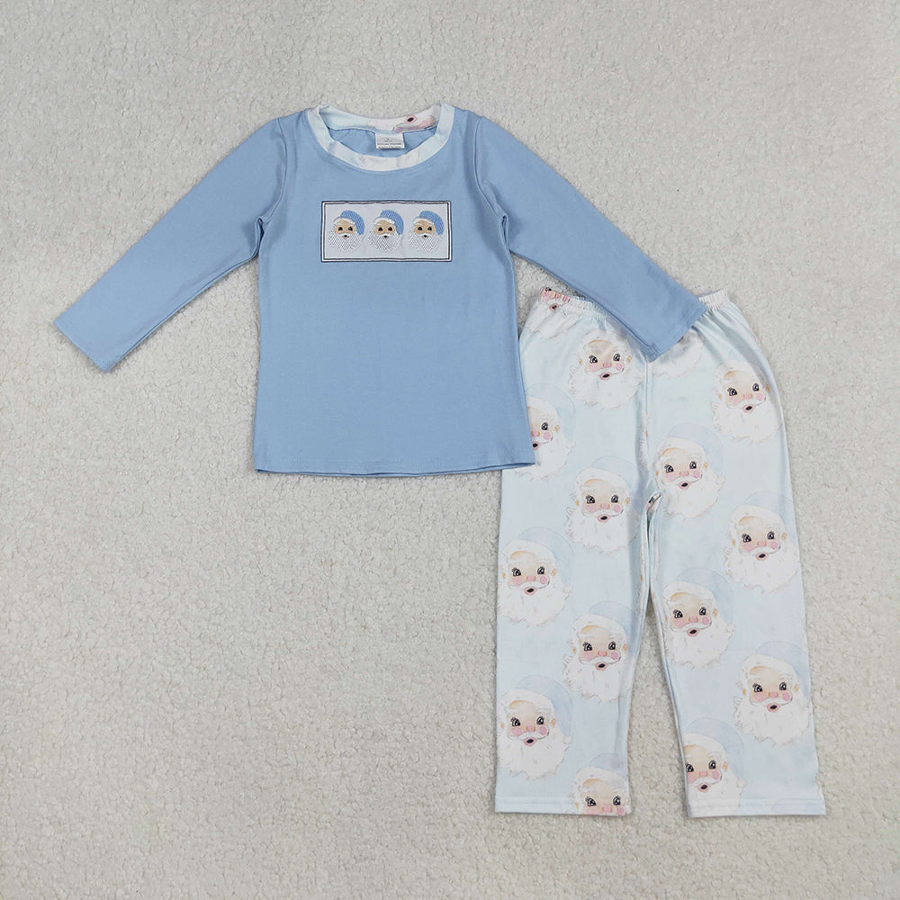 Embroidery Baby Boys Christmas Blue Santas Shirt Pants Clothes Sets