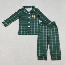 Load image into Gallery viewer, Embroidery Deer Mama and Me Green Checked Christmas Sleep Wear Pajamas Ruffle Dresses
