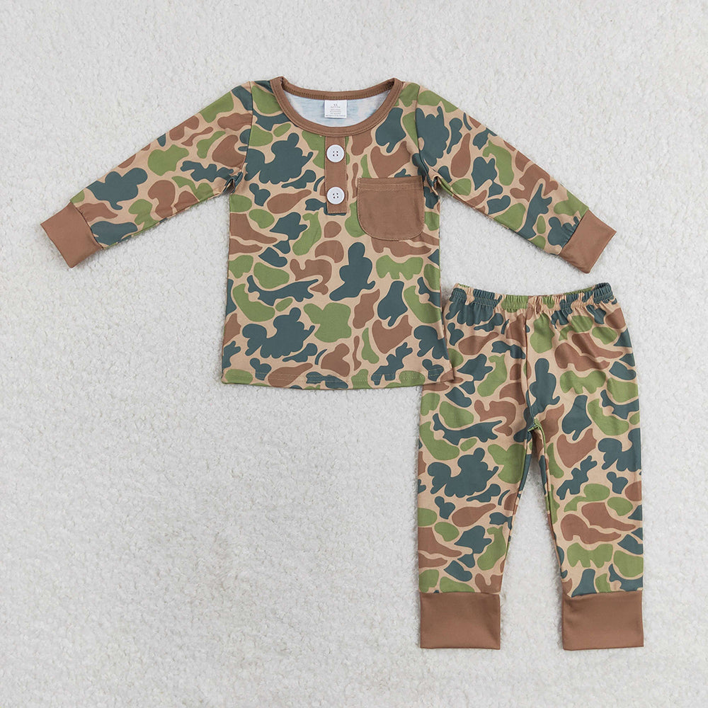 Baby Boys Green Camo Pocket Top Pants Bamboo Pajamas Clothes Sets