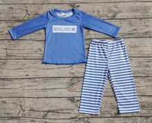 Load image into Gallery viewer, Baby Boys Blue Stripes Jesus Loves Me Top Pants Clothes Sets

