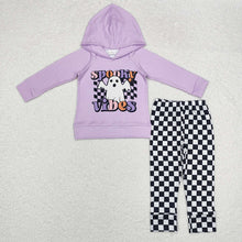 Load image into Gallery viewer, Baby Girls Halloween Spooky Hooded Top Checked Pants Outfits Sets
