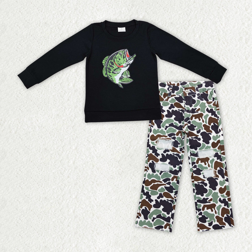 Baby Boys Fishing Black Tee Camouflage Distressed Denim Pants Clothes Sets