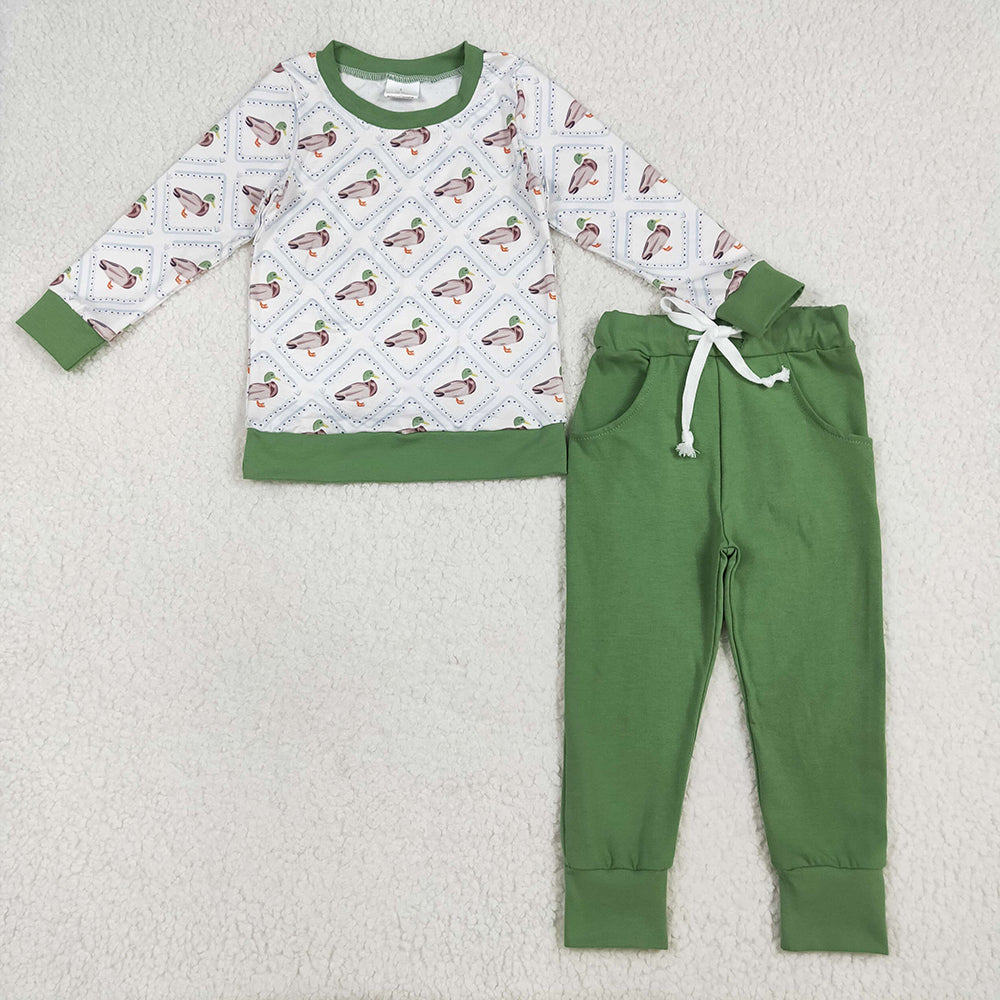 Baby Boys Long Sleeves Green Ducks Top Pockets Legging Pant Pajamas Sets