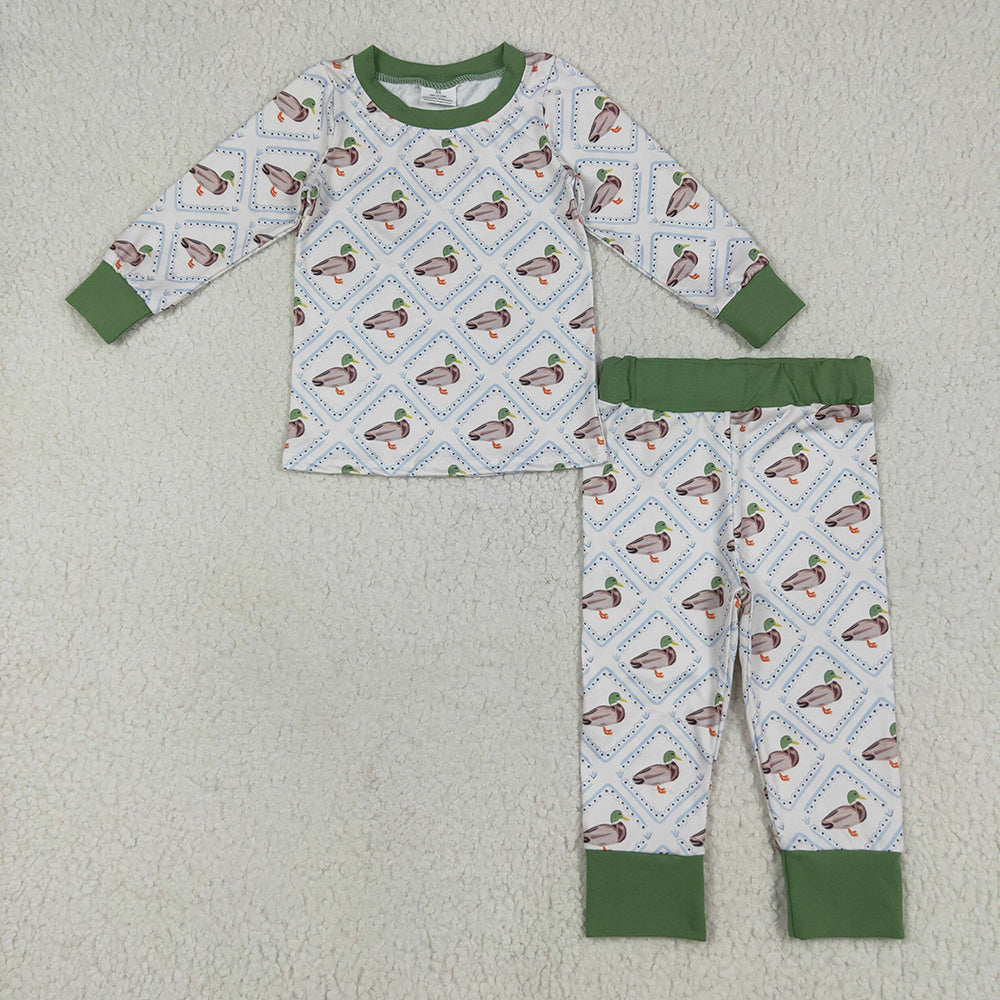 Baby Boys Long Sleeves Green Ducks Plaid Top Pant Pajamas Sets