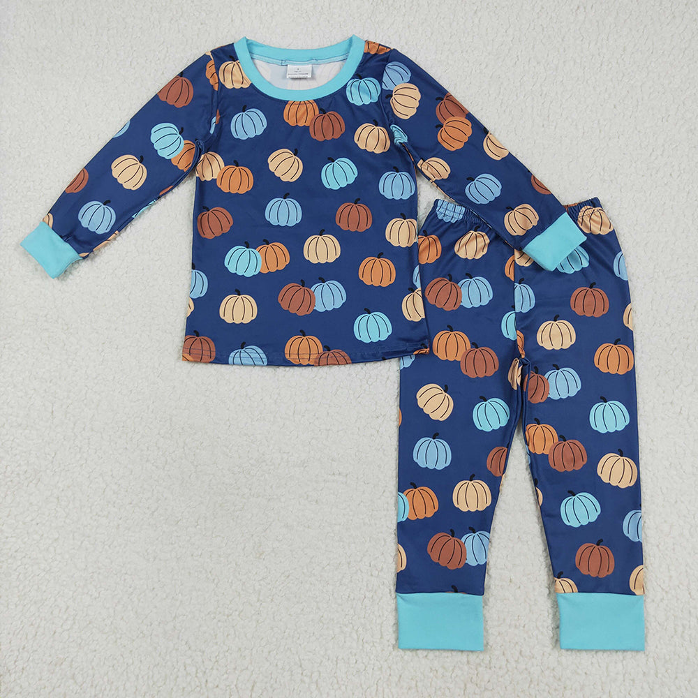 Baby Boys Long Sleeves Fall Blue Pumpkins Top Pant Pajamas Sets