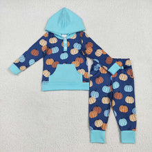 Load image into Gallery viewer, Sibling Baby Boys Blue Pumpkins Fall Outfits Pajamas Rompers Sets
