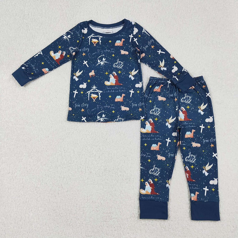 Baby Boys Navy Blue Nativity Top Pant Christmas Pajamas Sets