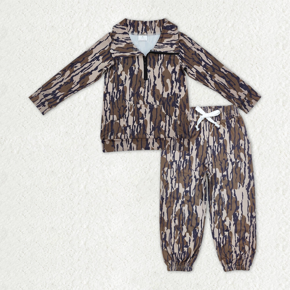 Baby Boys Olive Camo Long Sleeves Pocket Zipper Pullover Top Jogger Pants Clothes Set